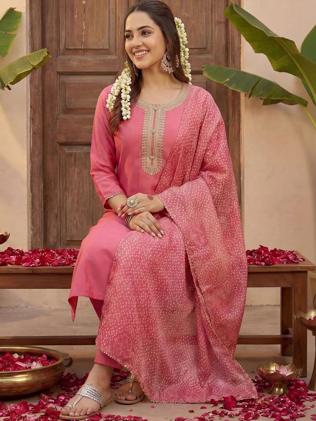 Indo Era Women Ethnic Motifs Embroidered Regular Thread Work Kurta with Trousers & With Dupatta - view 1