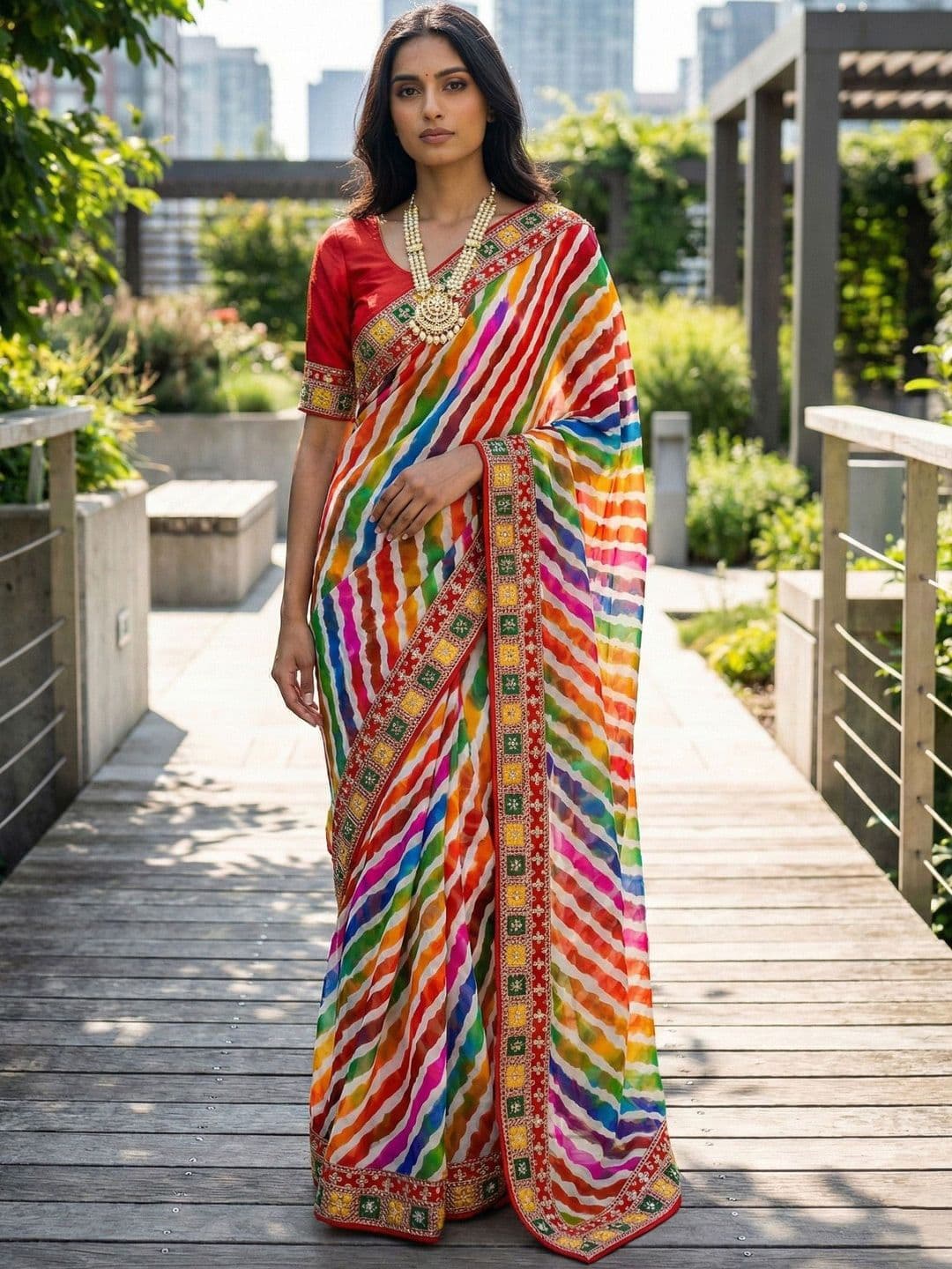 HERE&NOW Leheriya Embroidered Pure Georgette Saree - view 1