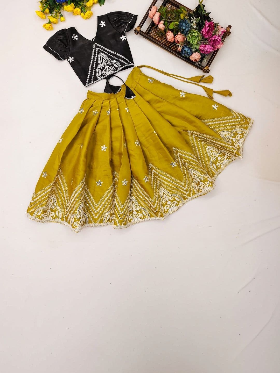 DRISHIV ENTERPRISE Girls Embroidered Sequinned Tie and Dye Semi-Stitched Lehenga & - view 1