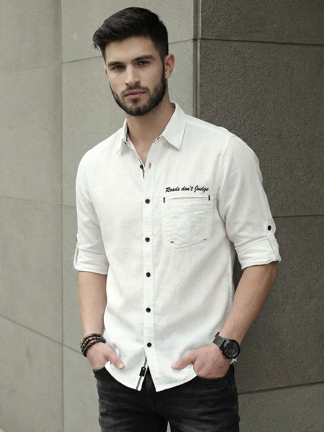 Roadster Men White Solid Casual Linen-Cotton Shirt - view 1