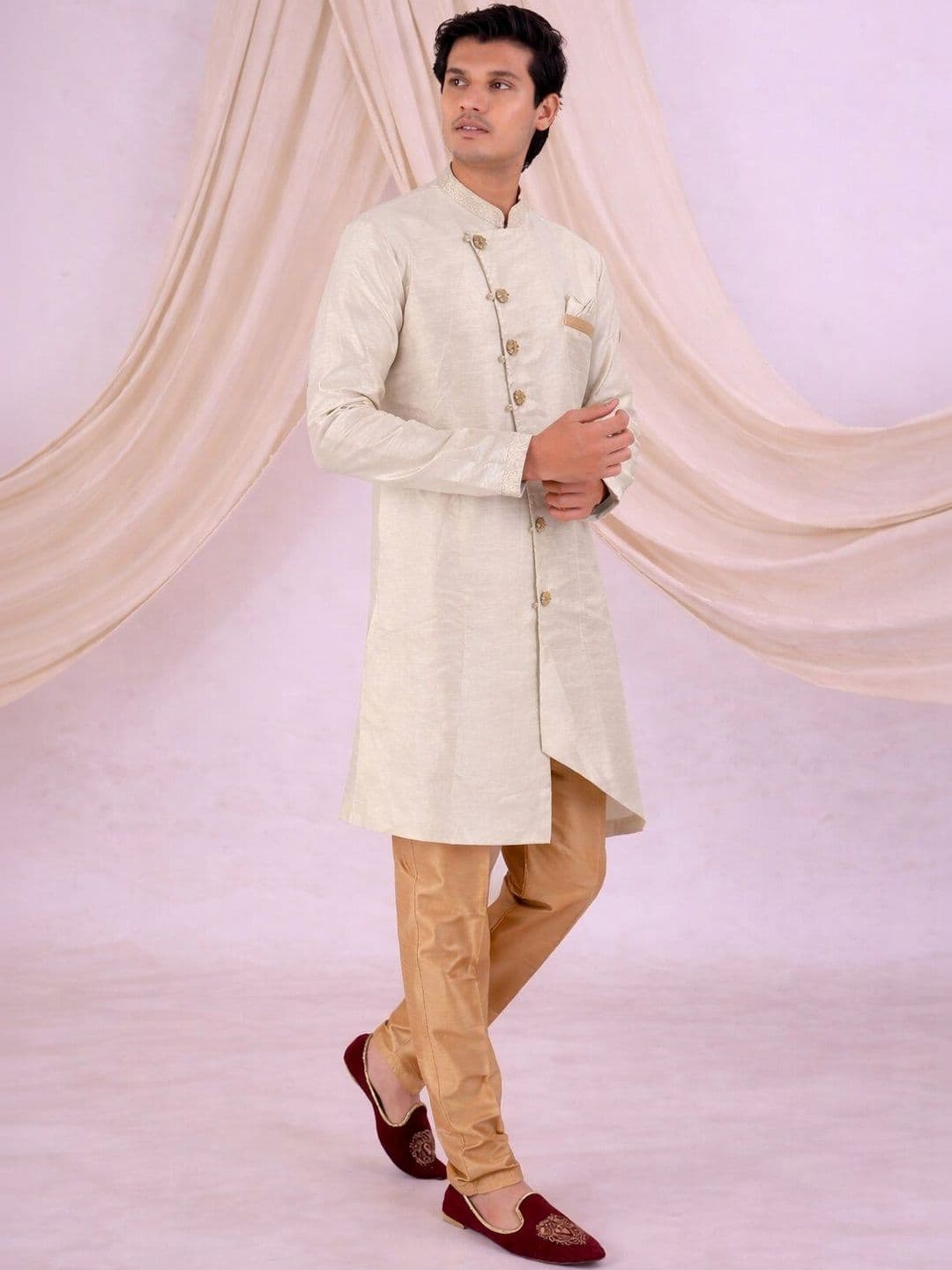 Desibutik Floral Woven Design Mandarin Collar Sherwani With Pyjama
