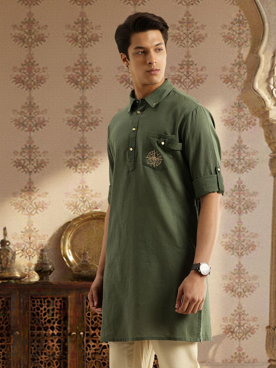 House of Pataudi Shirt Collar Roll-Up Sleeves Thread Work Detail Pure Cotton Jashn Kurta - view 1