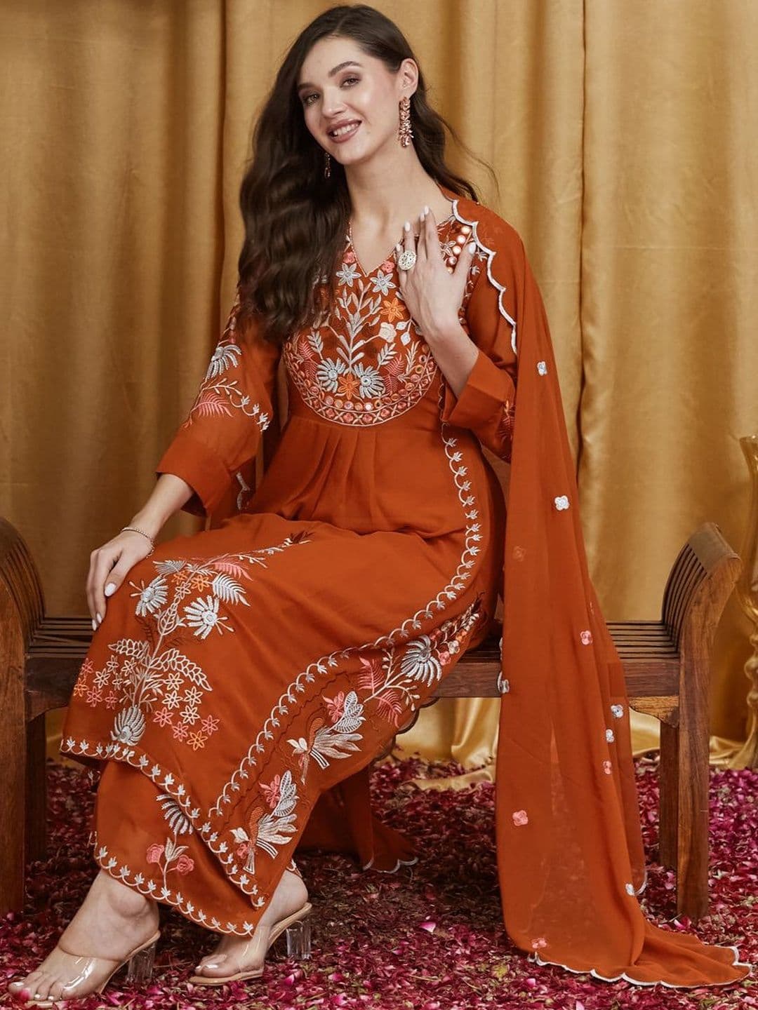 DIVASTRI Women Floral Embroidered Empire Thread Work Kurta with Palazzos & With Dupatta - view 1