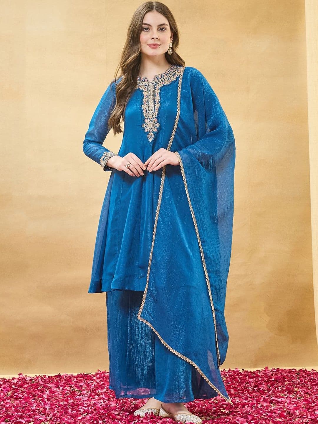 MOKOSH Women Silk Embroidered Anarkali Kurta With Palazzo And Dupatta Set - view 1