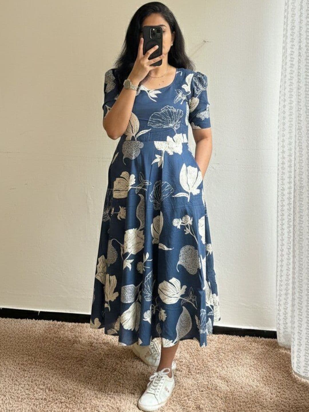 CORSICA Floral Print Puff Sleeve A-Line Midi Dress - view 1