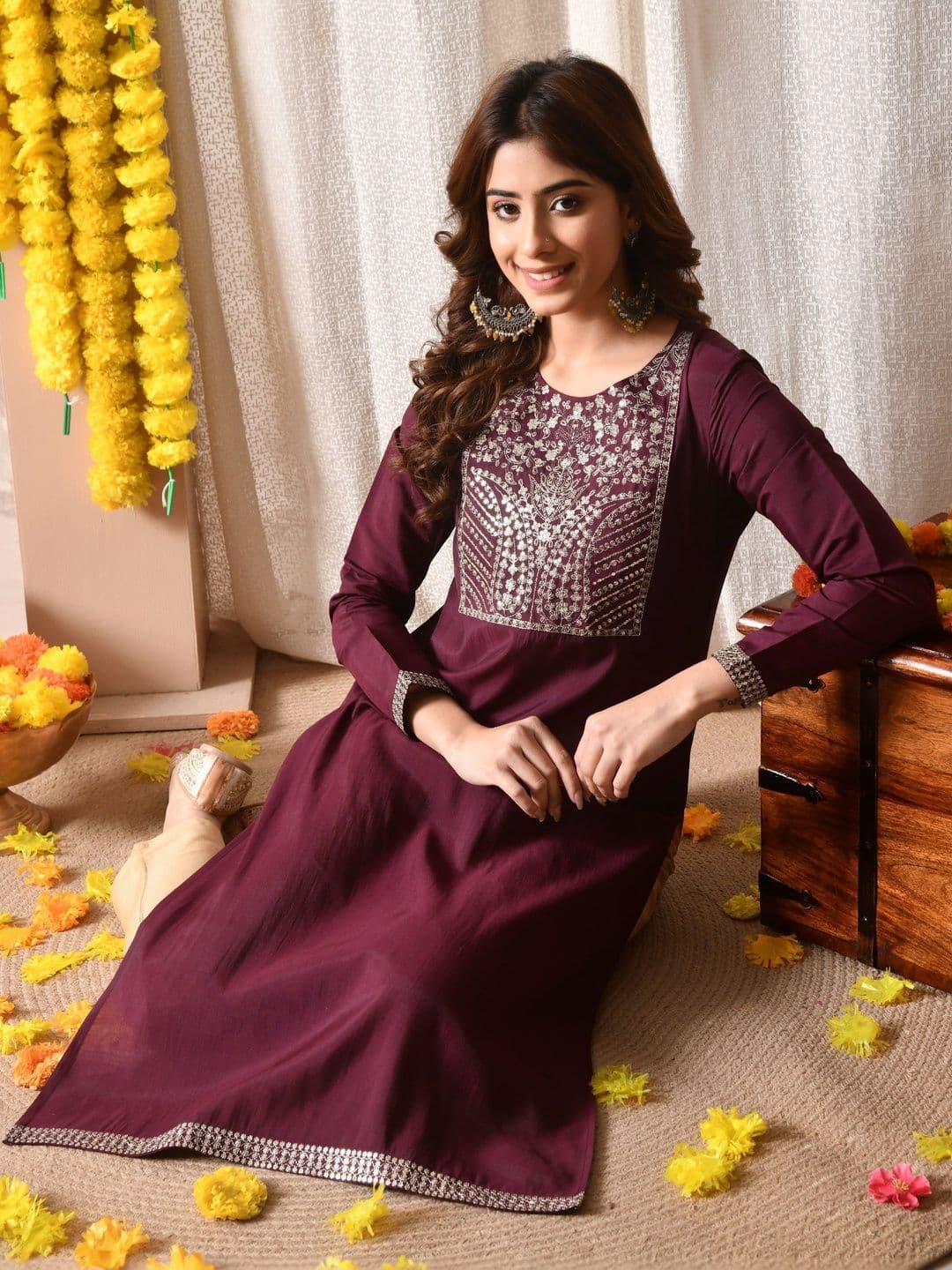 BKApparels Adults-Women Floral Embroidered Mirror Work Floral Kurta - view 1