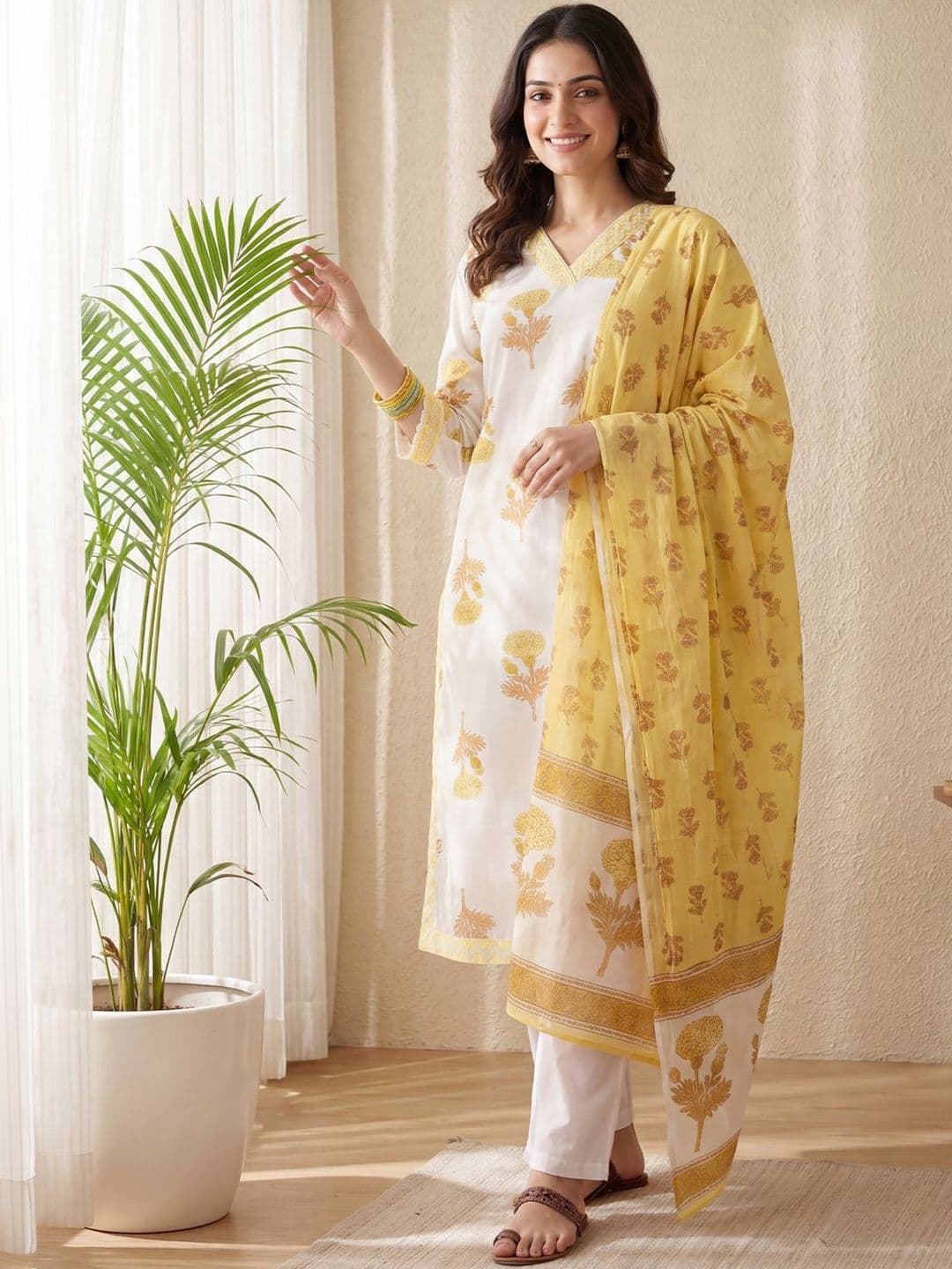 Indo Era Women Floral Printed Regular Pure Cotton Kurta with Trousers & With Dupatta - view 1