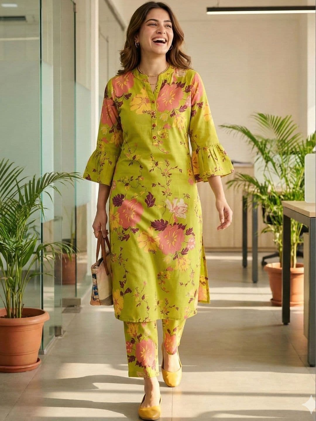 KALINI Women Floral Printed Regular Pure Cotton Kurta with Trousers - view 1