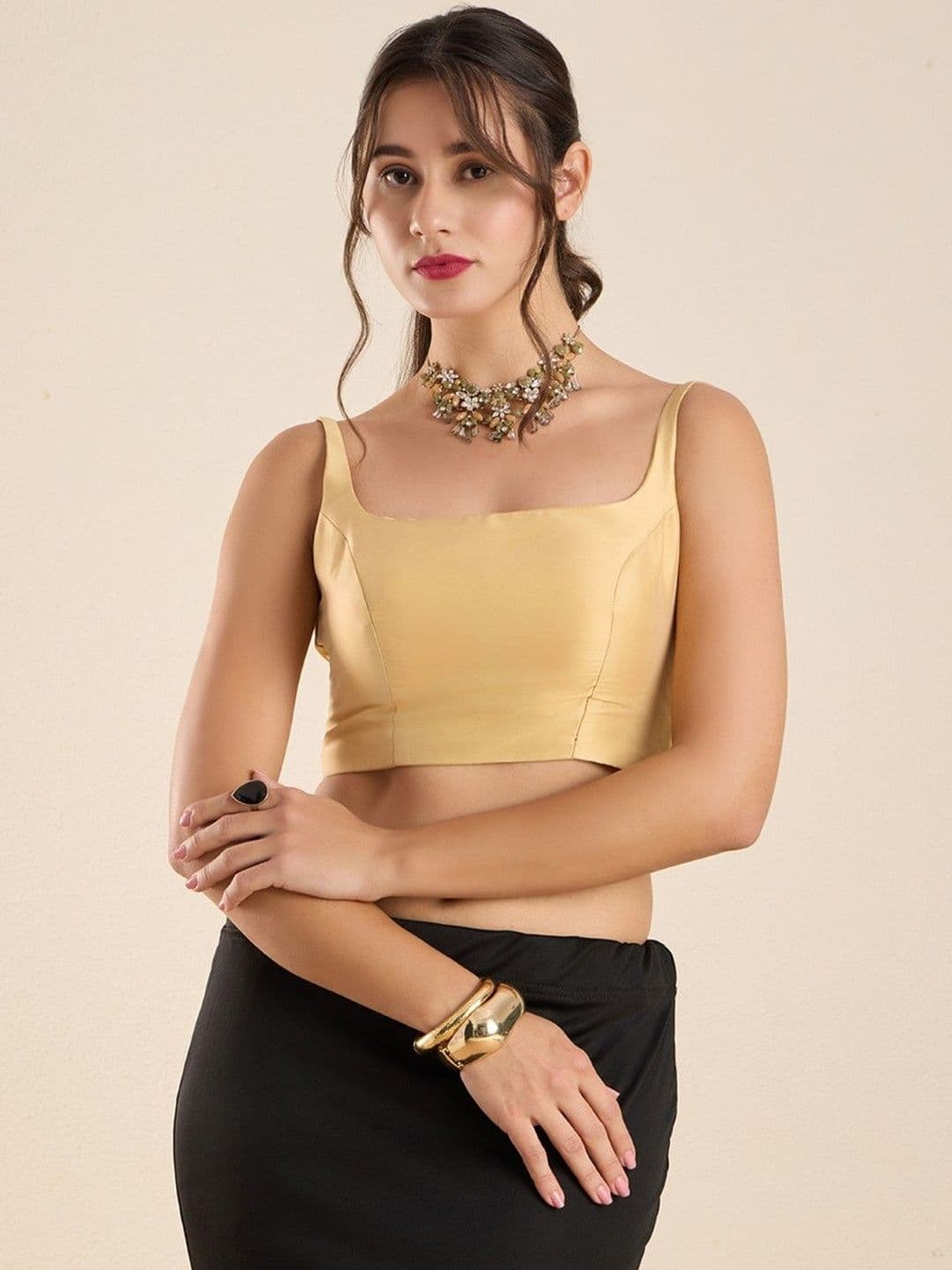 The Blouse Originals Gold Silk Round Neck Solid Padded Sleeveless Readymade Saree Blouse - view 1