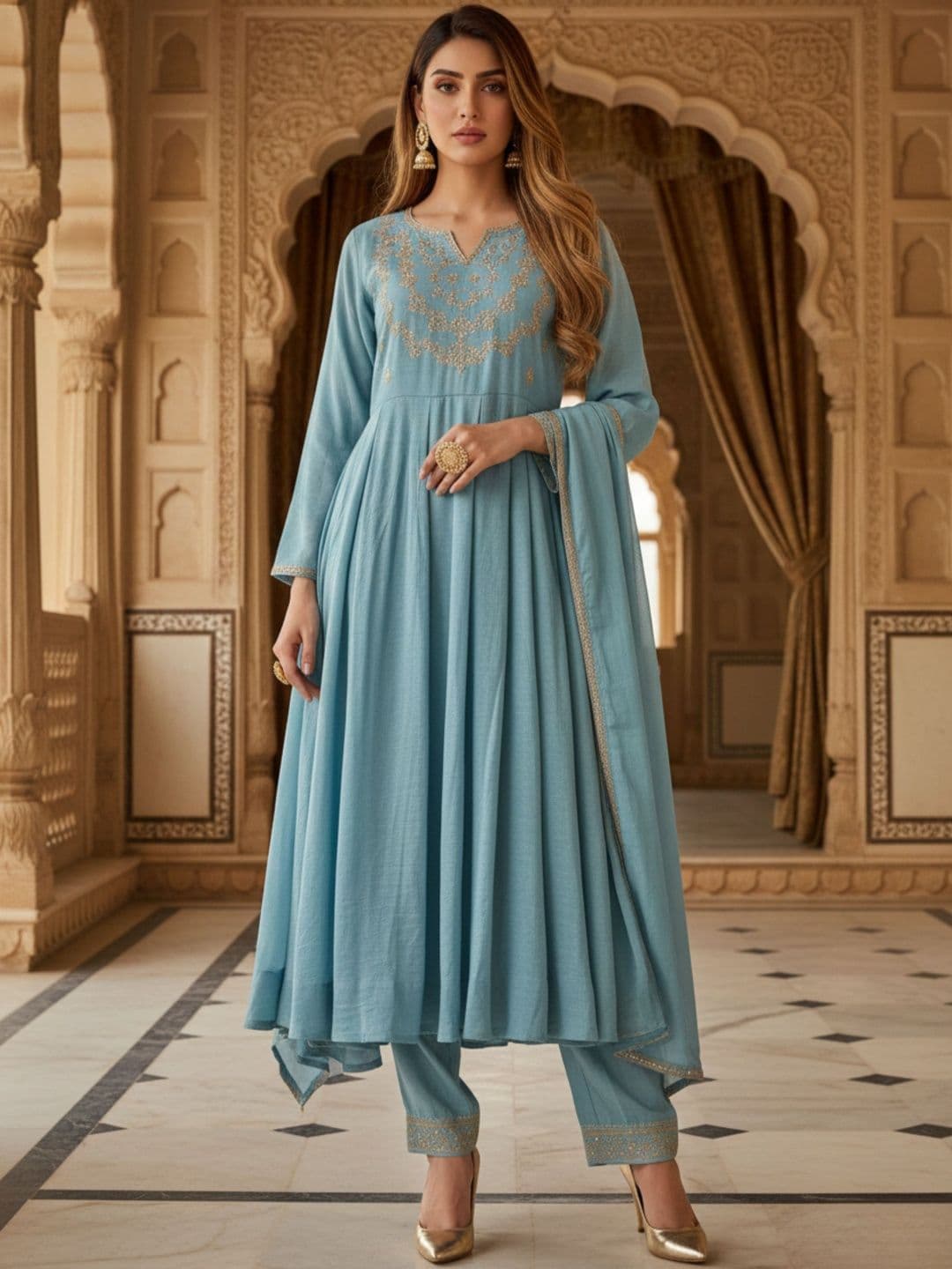 HERE&NOW Women Ethnic Motifs Embroidered Regular Kurta with Trousers & With Dupatta - view 1
