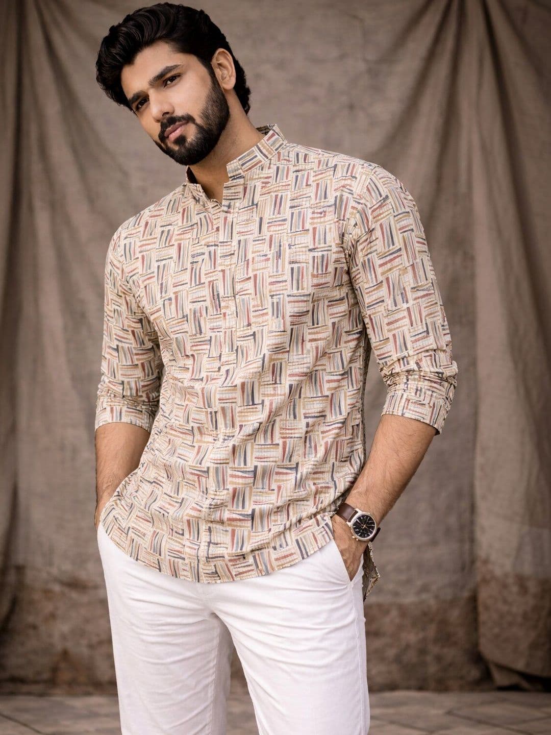 Rawayi Men Checked Mirror Work Kurta - view 1