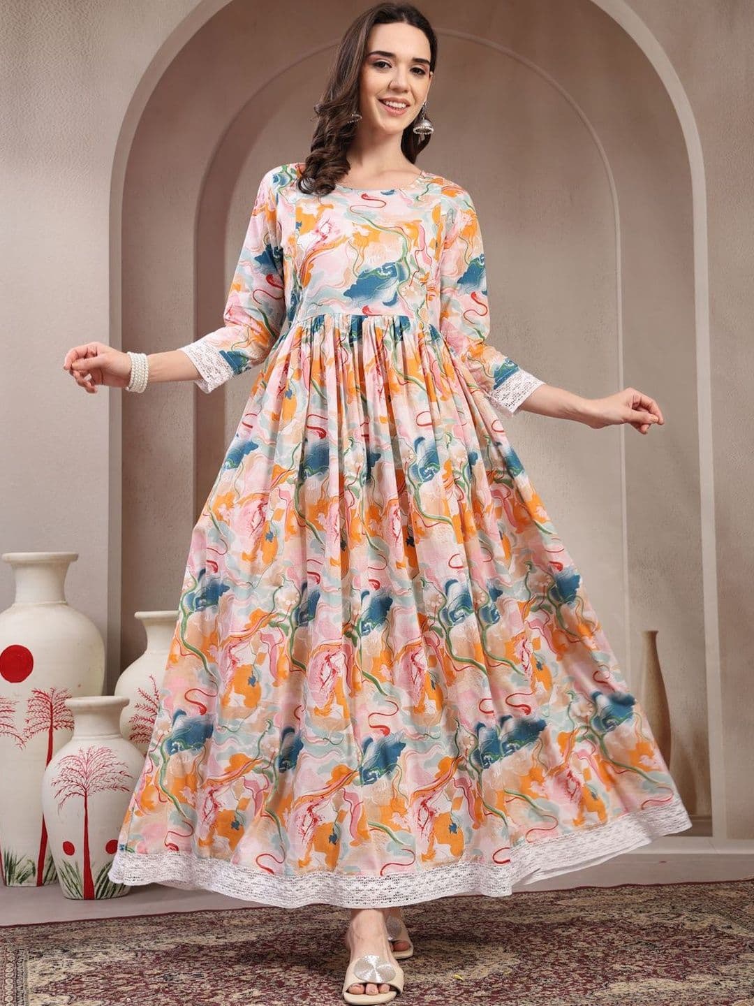 RANGEELO JAIPUR Women Printed Thread Work Maternity Anarkali Kurta - view 1