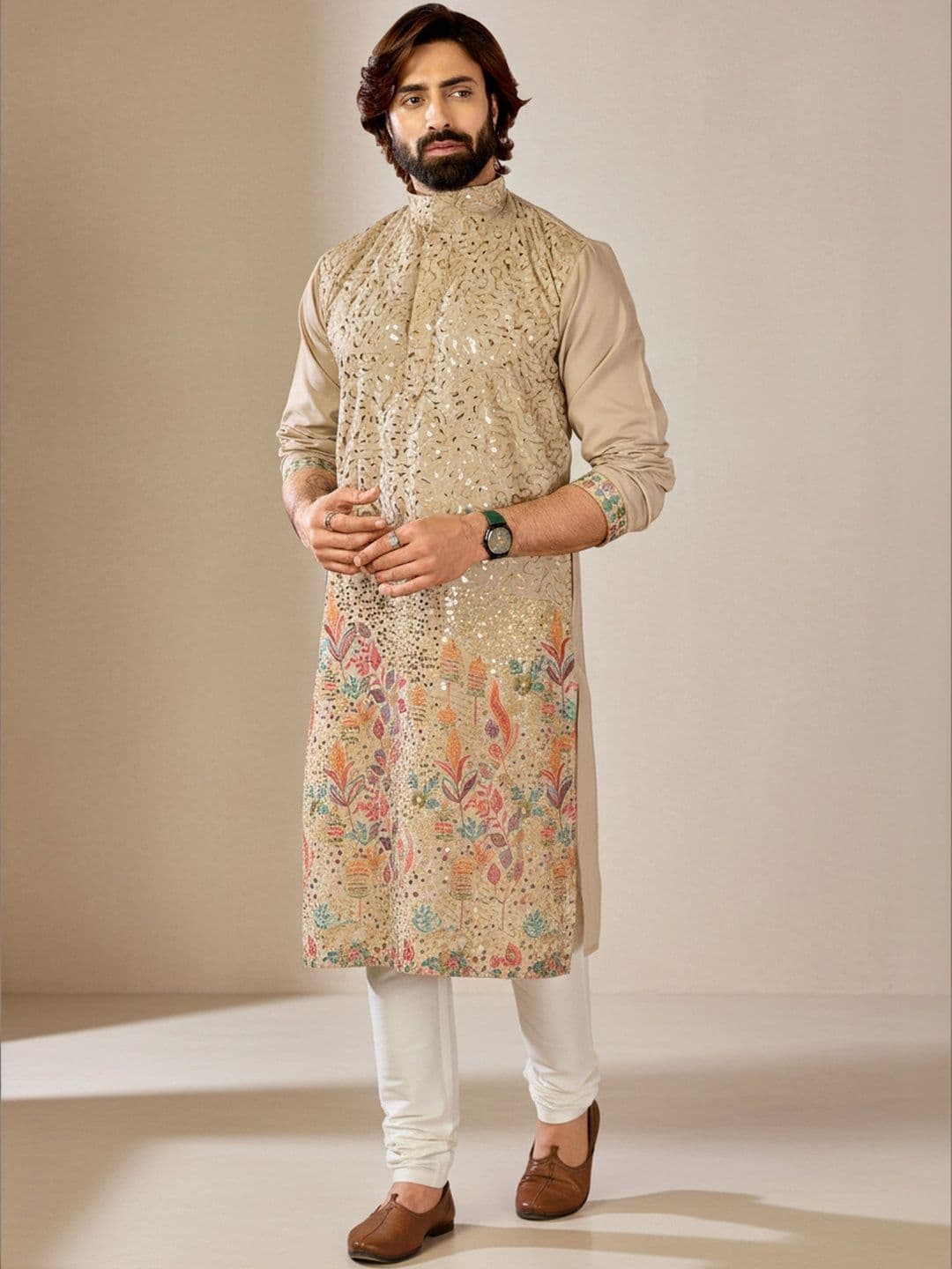 RANGRAAG Men Floral Extended Sleeves Kurta - view 1