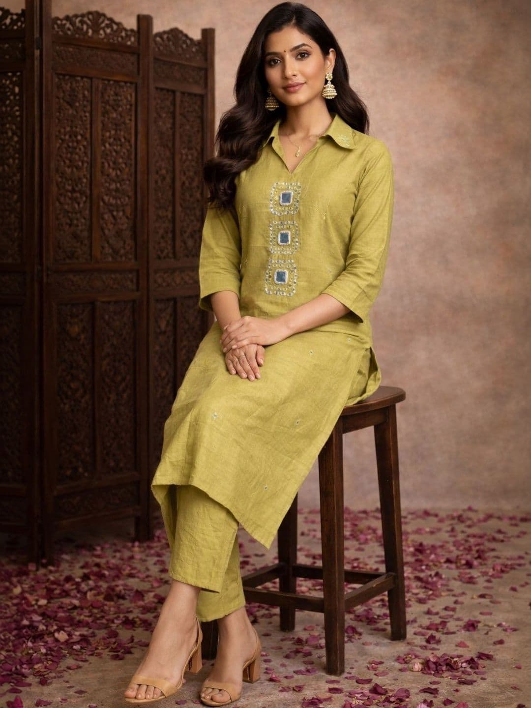 Aarika Embroidered Regular Mirror Work Pure Cotton Kurta with Trousers - view 1
