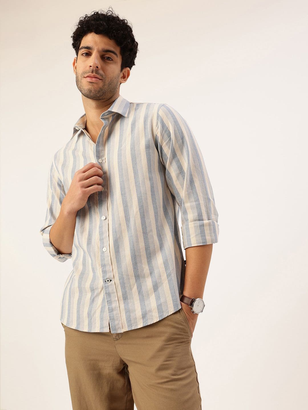 Nautica Cotton-Linen Slim Fit Striped Casual Shirt - view 1