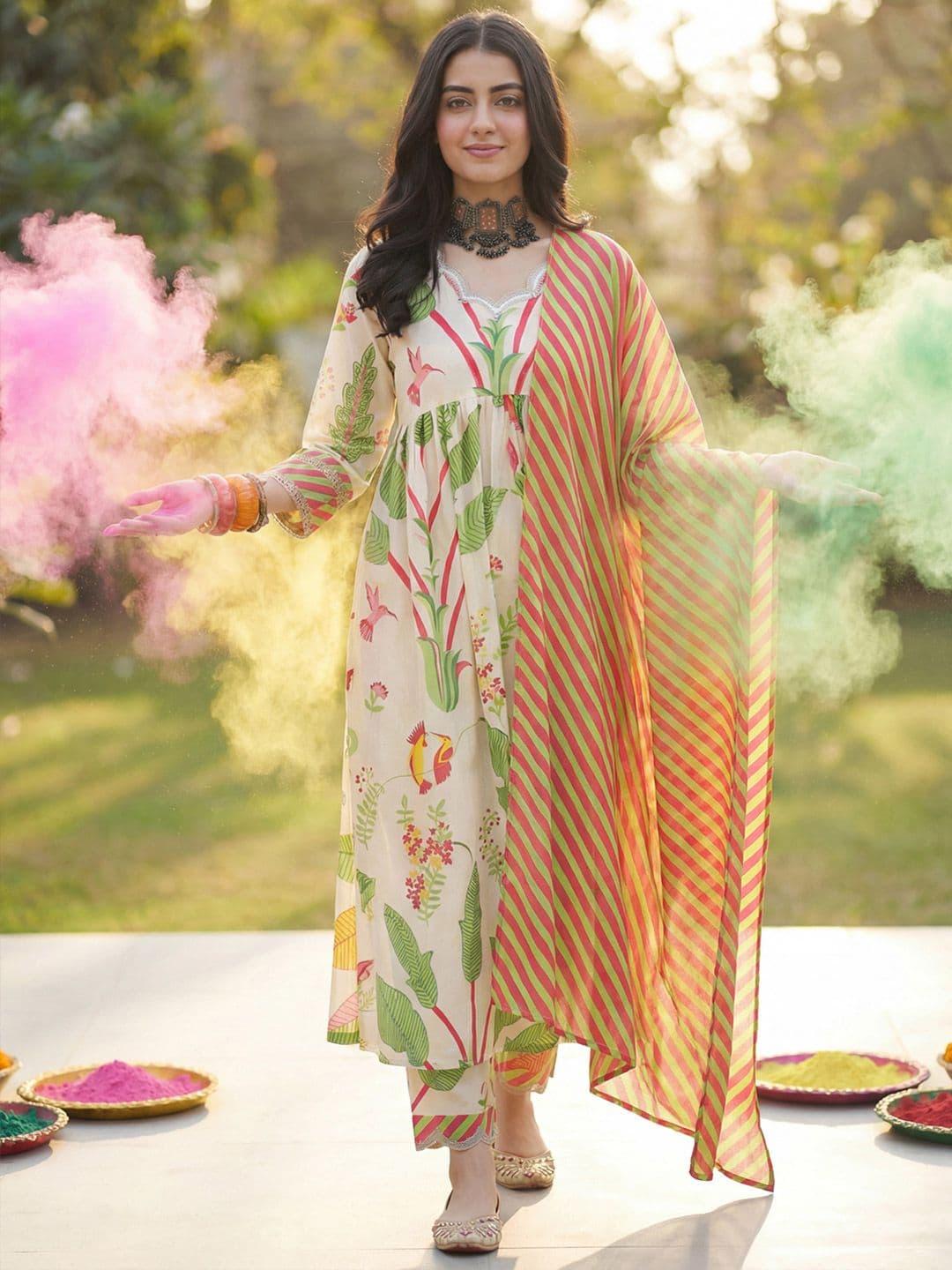 Indo Era Women Floral Printed Empire Pure Cotton Kurta with Trousers & With Dupatta - view 1