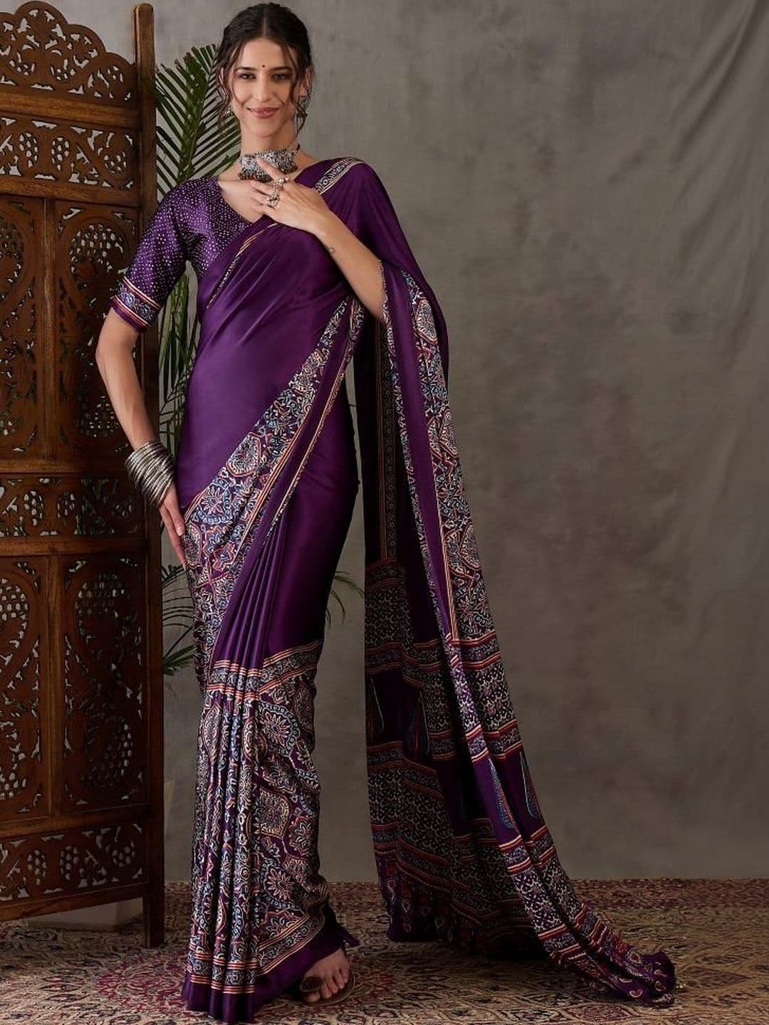 ZYVIRA Purple Ajrakh Printed Saree With Tassels And Unstitched Blouse - view 1