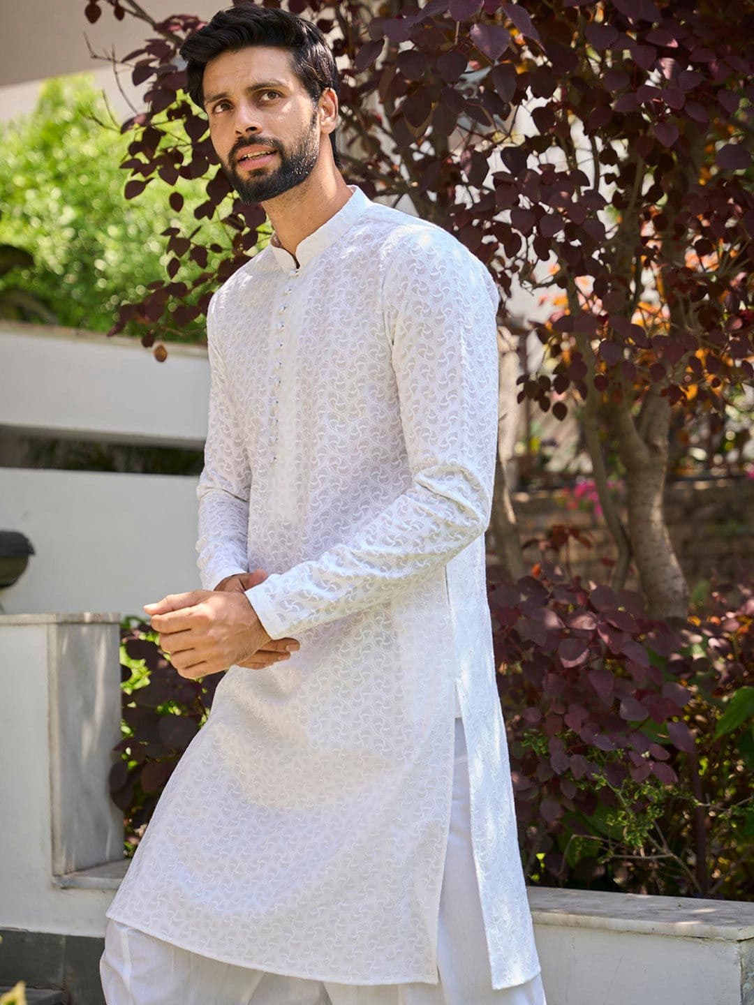See Designs Men White Geometric Embroidered Regular Pure Cotton Kurta with Pyjamas - view 1