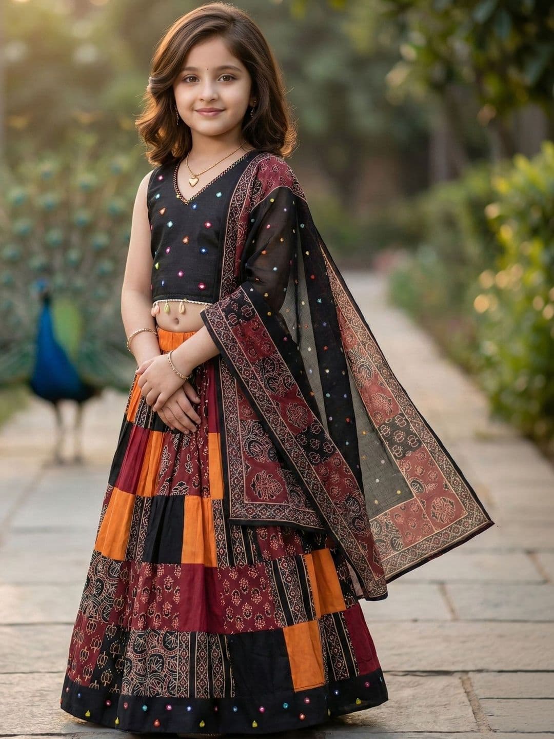KALINI Girls Black & Orange Printed Patchwork Lehenga Choli with Dupatta - view 1