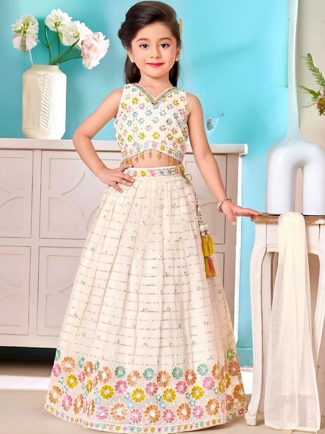 BAESD Girls Embellished Sequinned Semi-Stitched Lehenga & Blouse With Dupatta - view 1