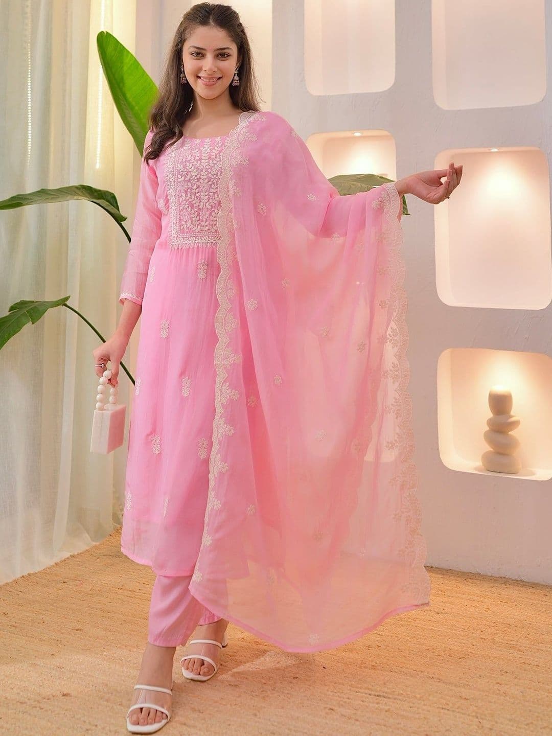 HERE&NOW Women Ethnic Motifs Embroidered Regular Thread Work Kurta with Trousers & With Dupatta - view 1