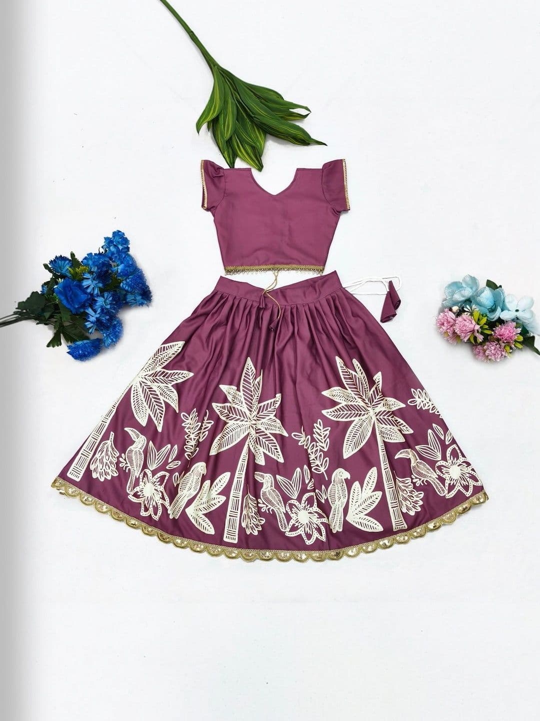 Tiny Twirls Girls Printed Embroidered Border Design Ready to Wear Lehenga & Choli - view 1