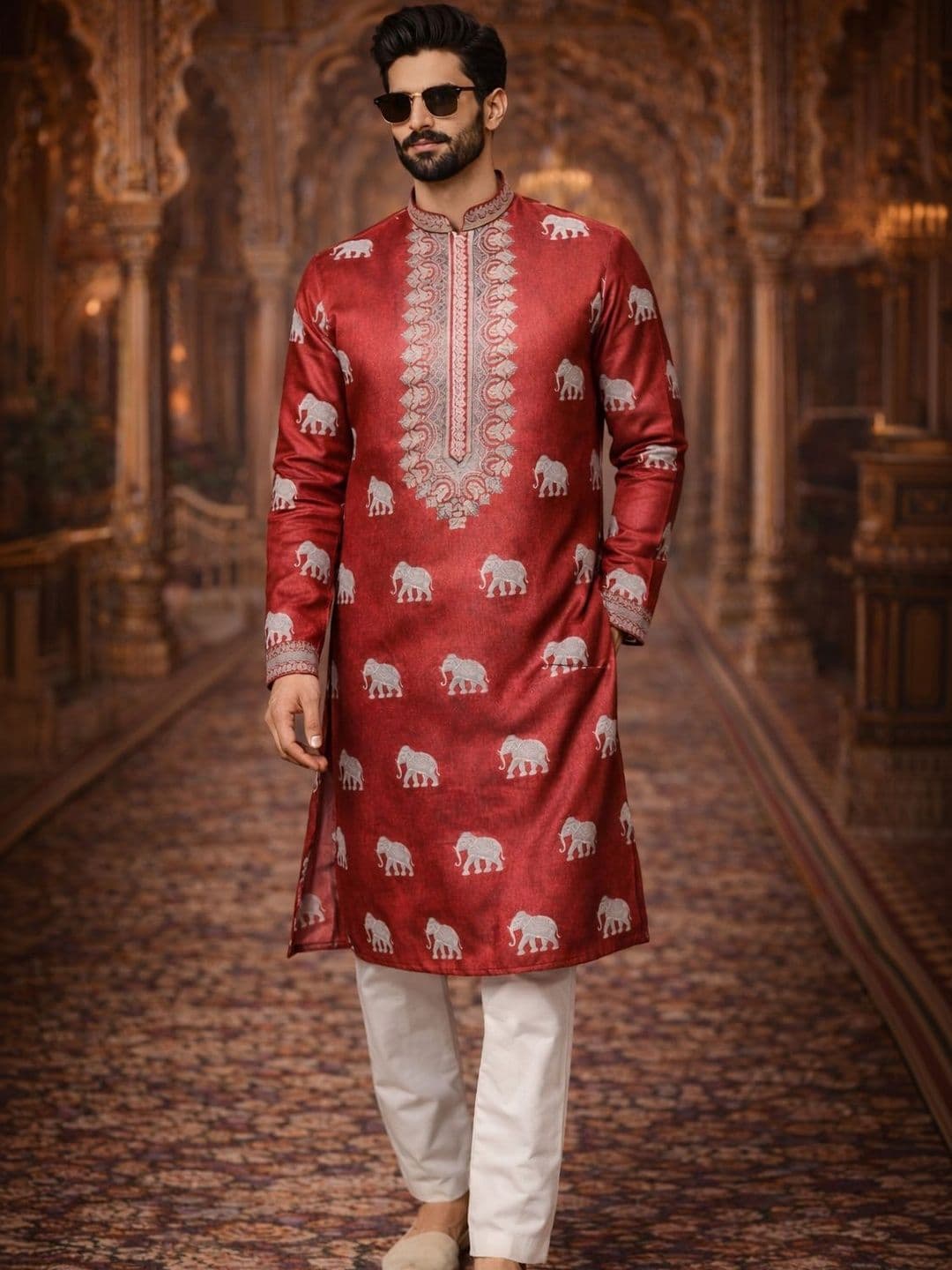 House of Pataudi Printed Mandarin Collar Knee Length Straight Kurta - view 1