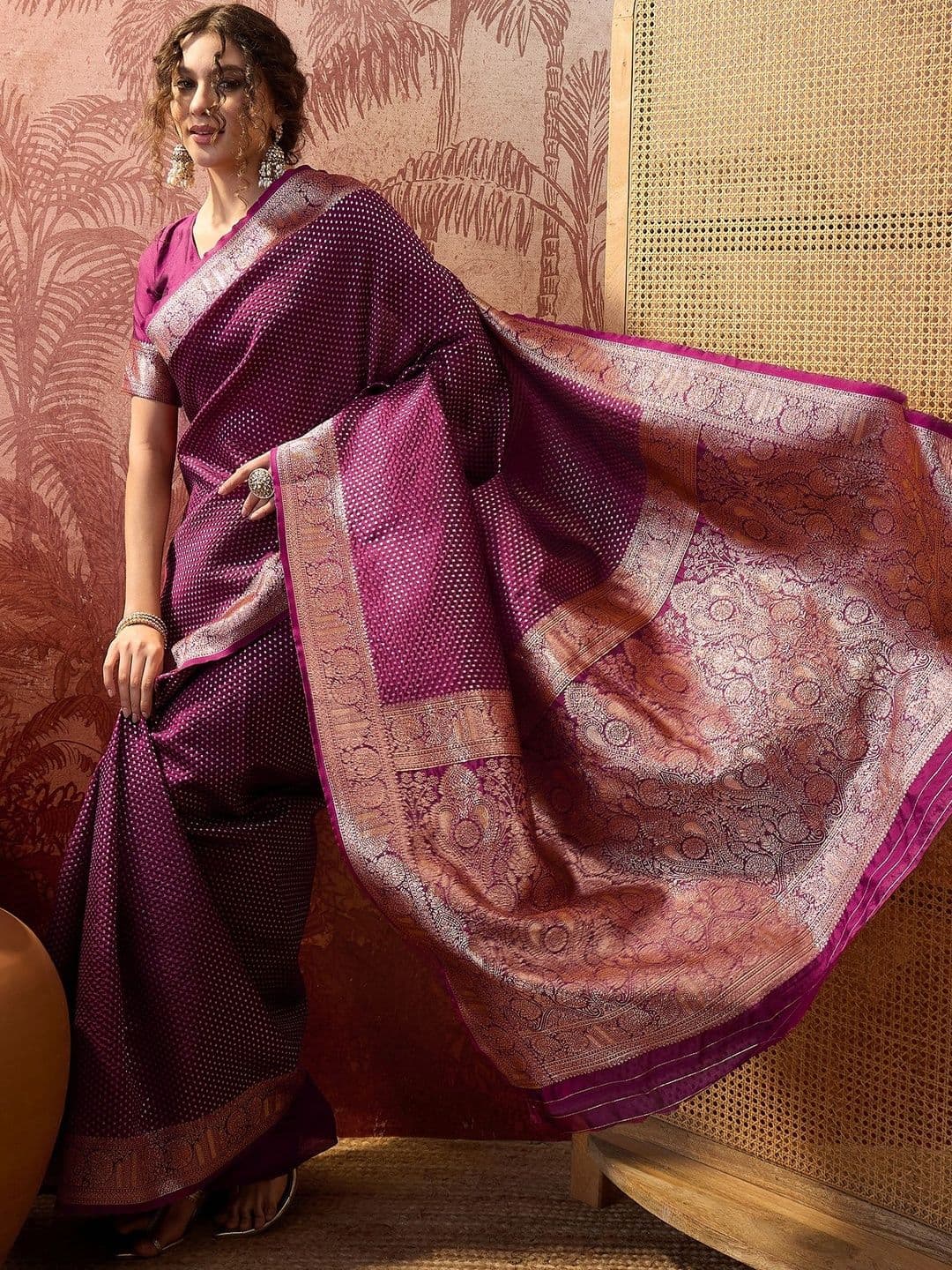 Sangria Woven Design Banarasi Party Wear Saree With Unstitched Blouse - view 1