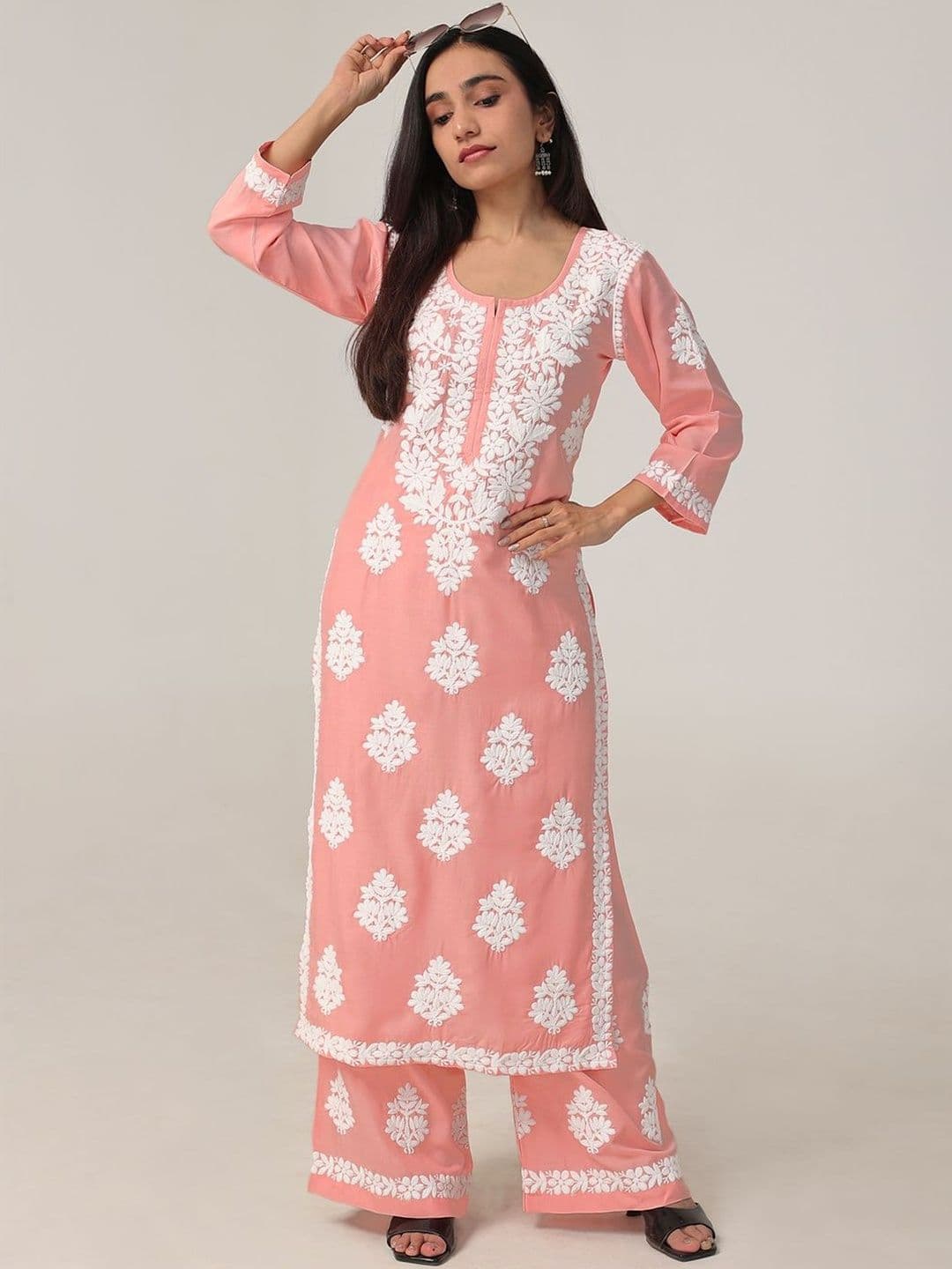 colorkosh Women Ethnic Motifs Embroidered Regular Chikankari Pure Cotton Kurta with Palazzos - view 1