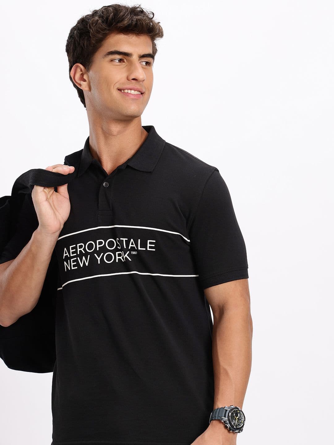 Aeropostale Brand Logo Printed Polo Collar Pure Cotton T-shirt - view 1