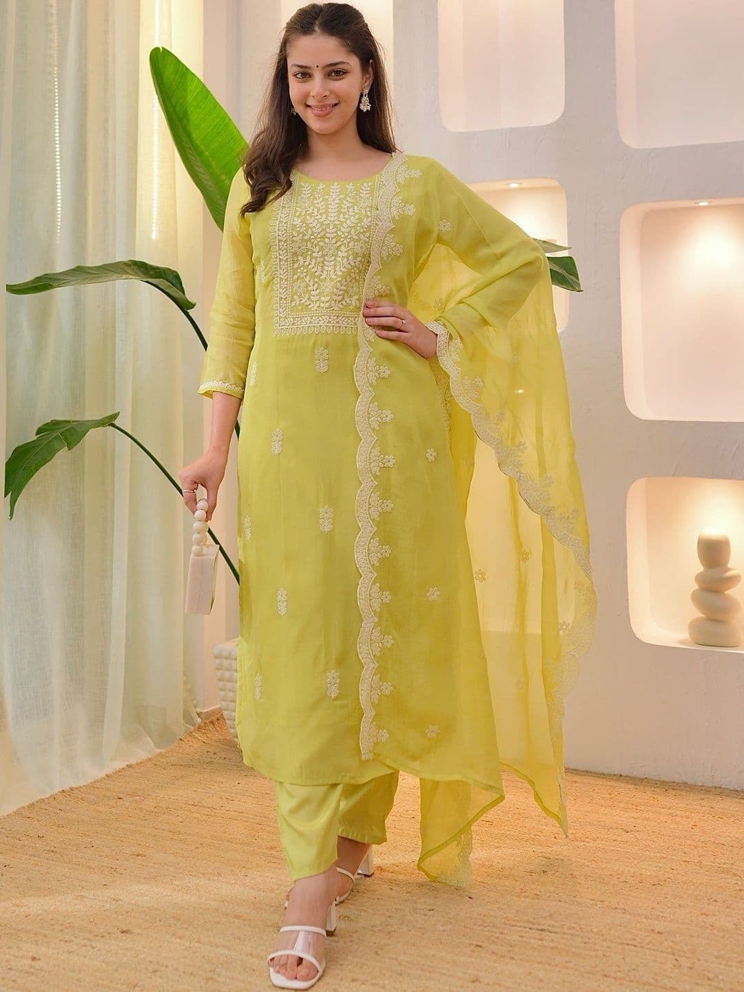 HERE&NOW Women Ethnic Motifs Embroidered Regular Thread Work Kurta with Trousers & With Dupatta - view 1
