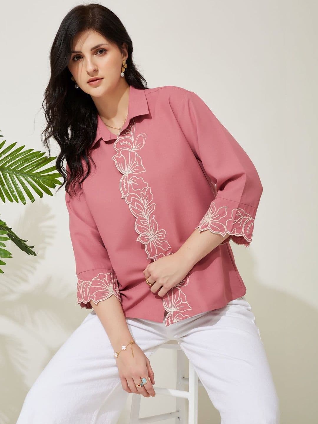 J Turritopsis Women Embroidered Shirt Style Top - view 1