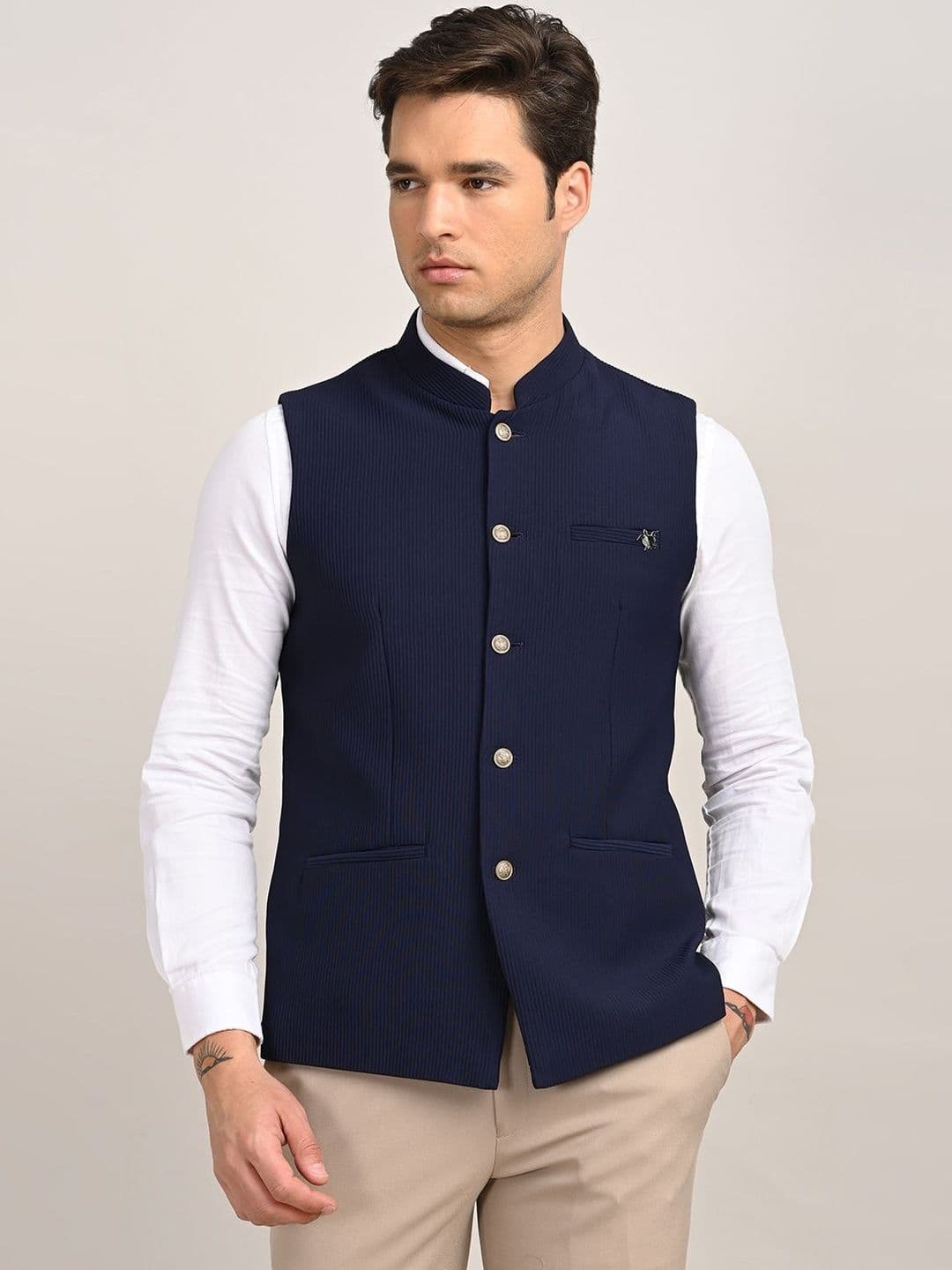Turtle Mandarin Collar Sleeveless Nehru Jacket - view 1