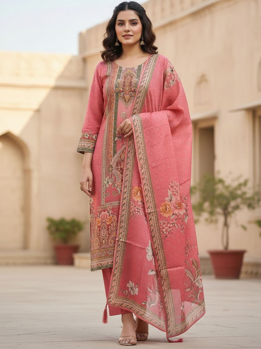 House of Pataudi Women Floral Printed Regular Kurta with Trousers & With Dupatta - view 1