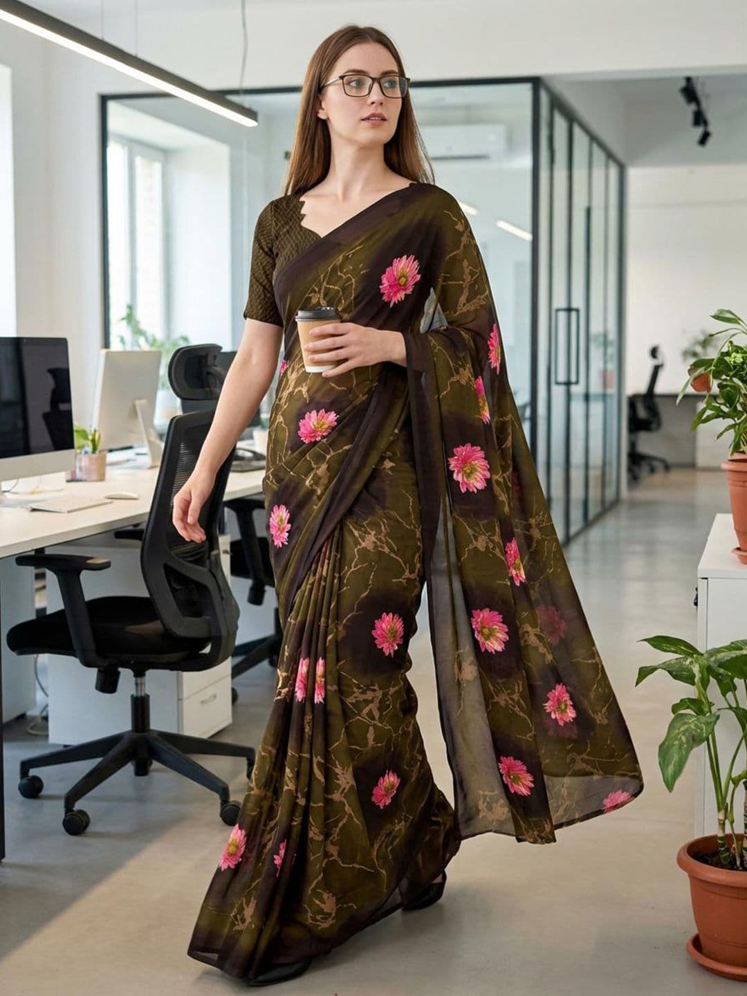 SZN Floral Poly Georgette Designer Saree - view 1