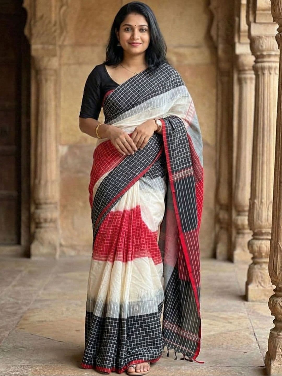KALINI Checked Pure Cotton Handloom Saree - view 1