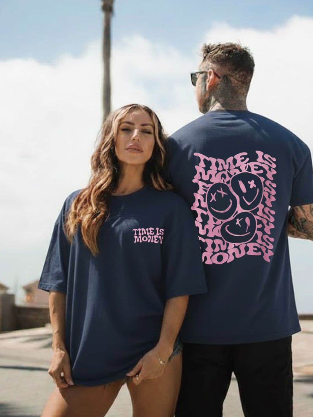 Rigo Unisex Navy Blue Round Neck Cotton Typography Printed Drop Shoulder Oversized T-shirt - view 1