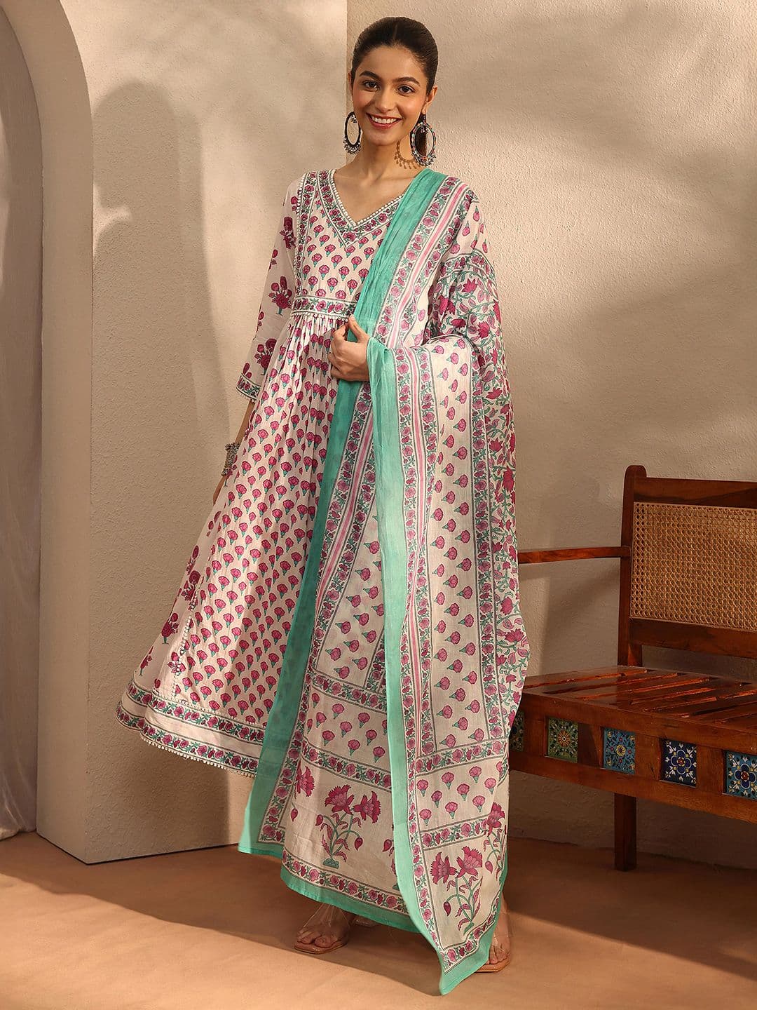 Libas Women Ethnic Motifs Printed Panelled Kurta with Trousers & With Dupatta - view 1