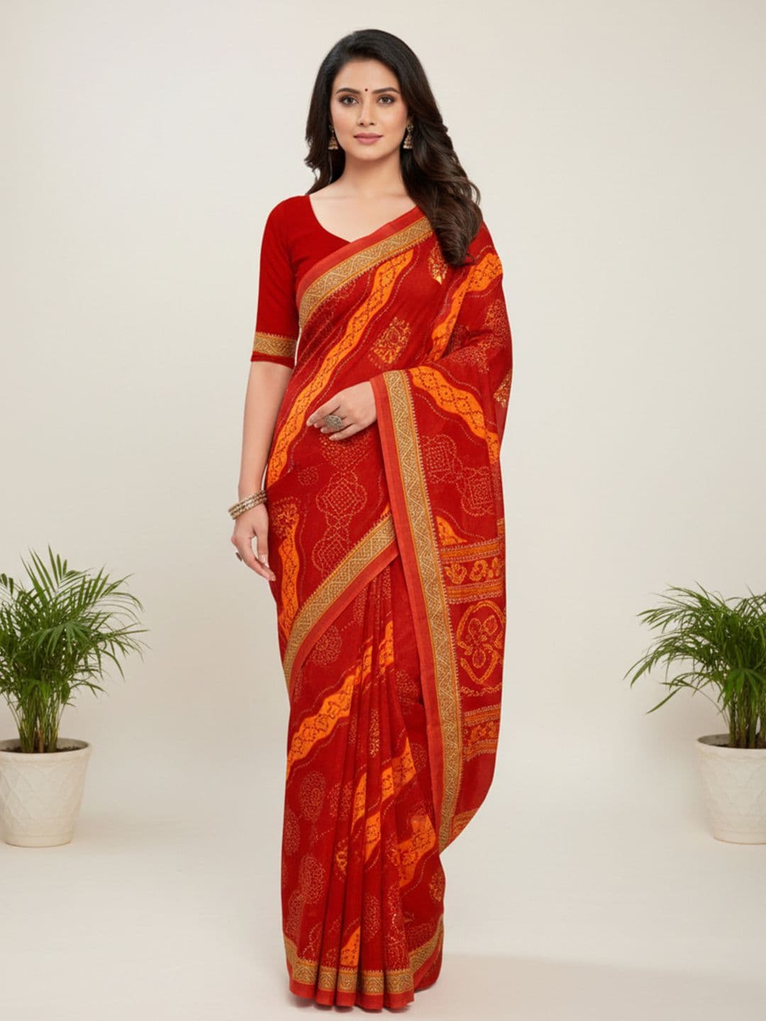 HERE&NOW X Minu Fashions Bandhani Pure Cotton Block Print Saree - view 1