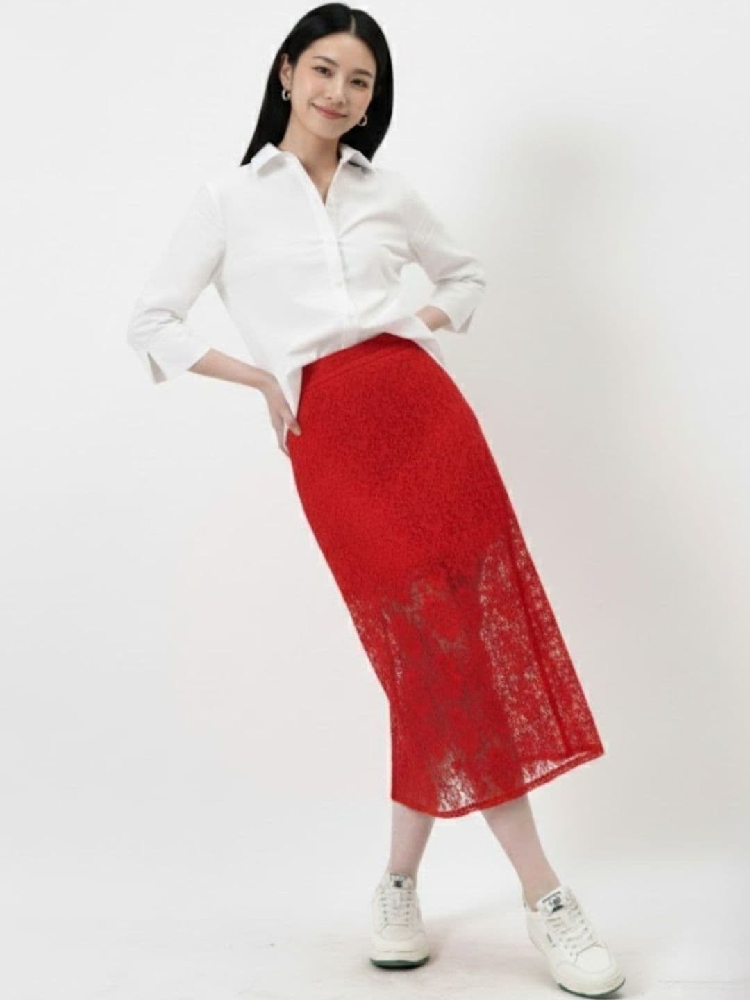 Pookiie Women Lace Self Design Sheer Midi Straight Skirt - view 1
