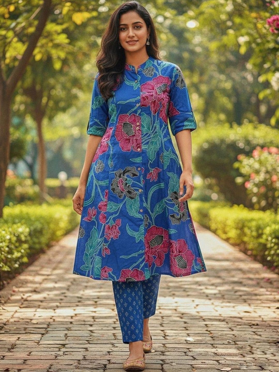 Gopi Prem Women Floral Printed Regular Pure Cotton Kurta with Trousers - view 1
