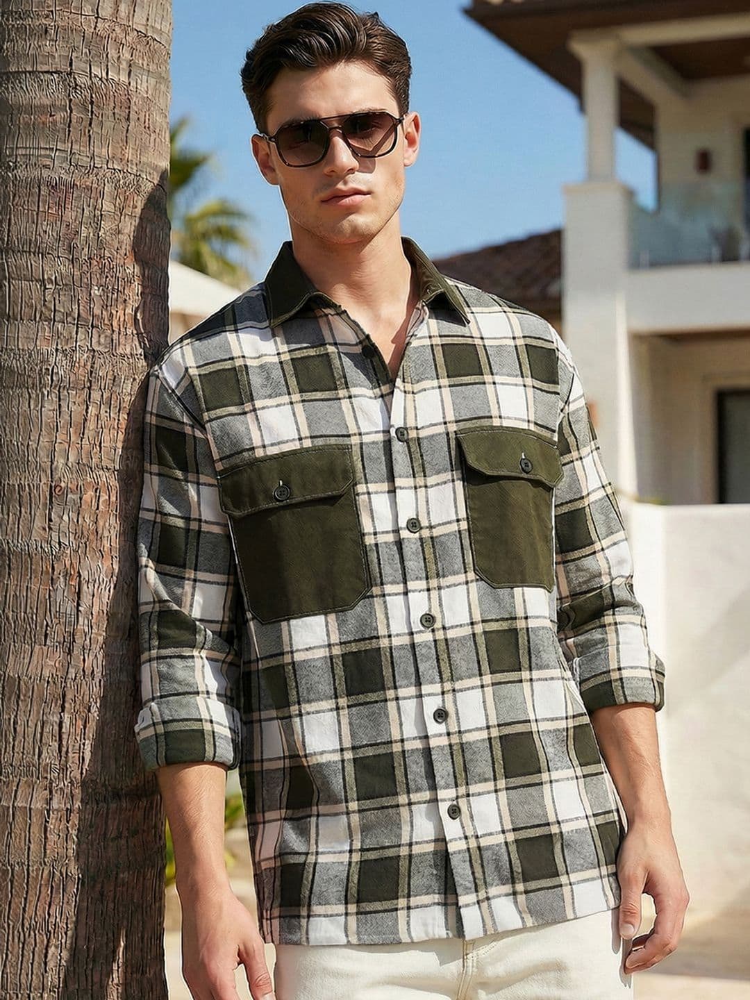 Bewakoof Men's Green & White Checked Oversized Shirt - view 1