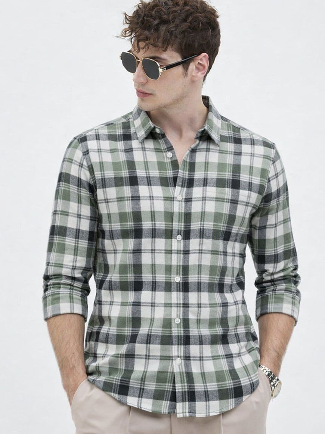 The Roadster Lifestyle Co Checked Pure Cotton Spread Collar Shirt - view 1
