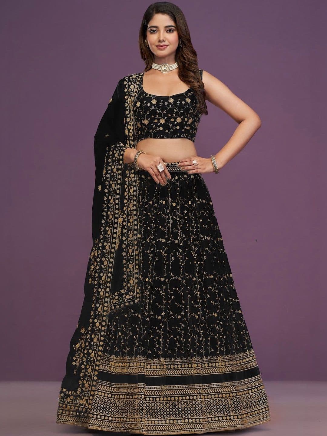 House of Pataudi Embroidered Round Neck Flared Lehenga Choli - view 1