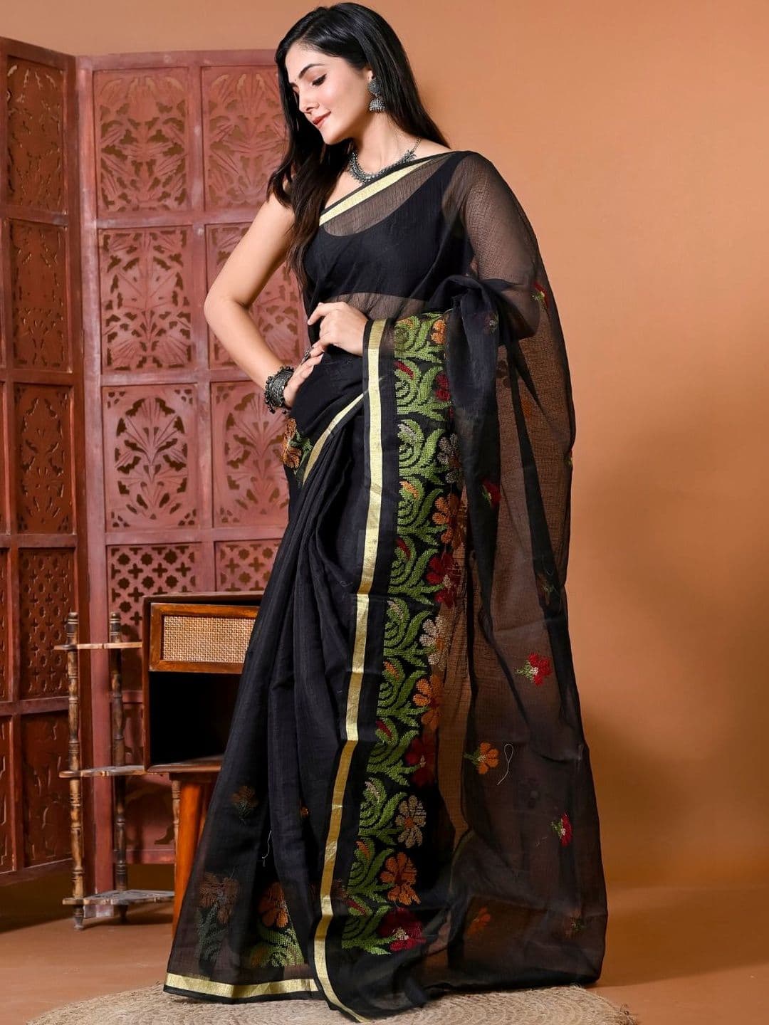 Doria Lifestyle Black Kota Doria Floral Embroidered Saree - view 1