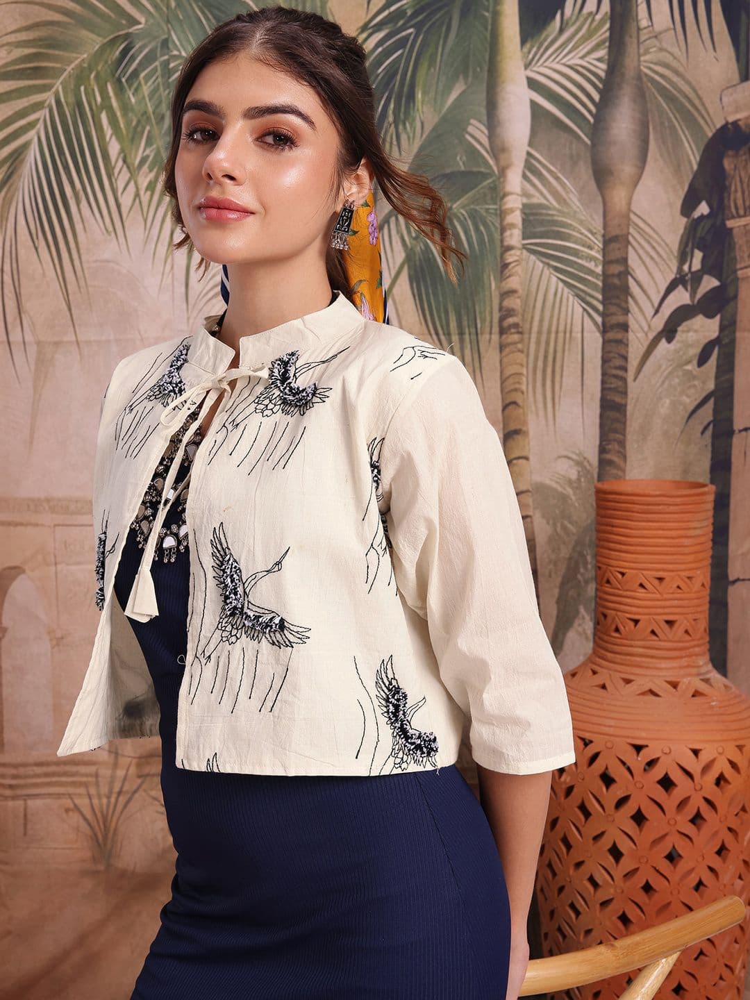 Sangria Ethnic Embroidered Mandarin Collar Tie-Up Shrug - view 1