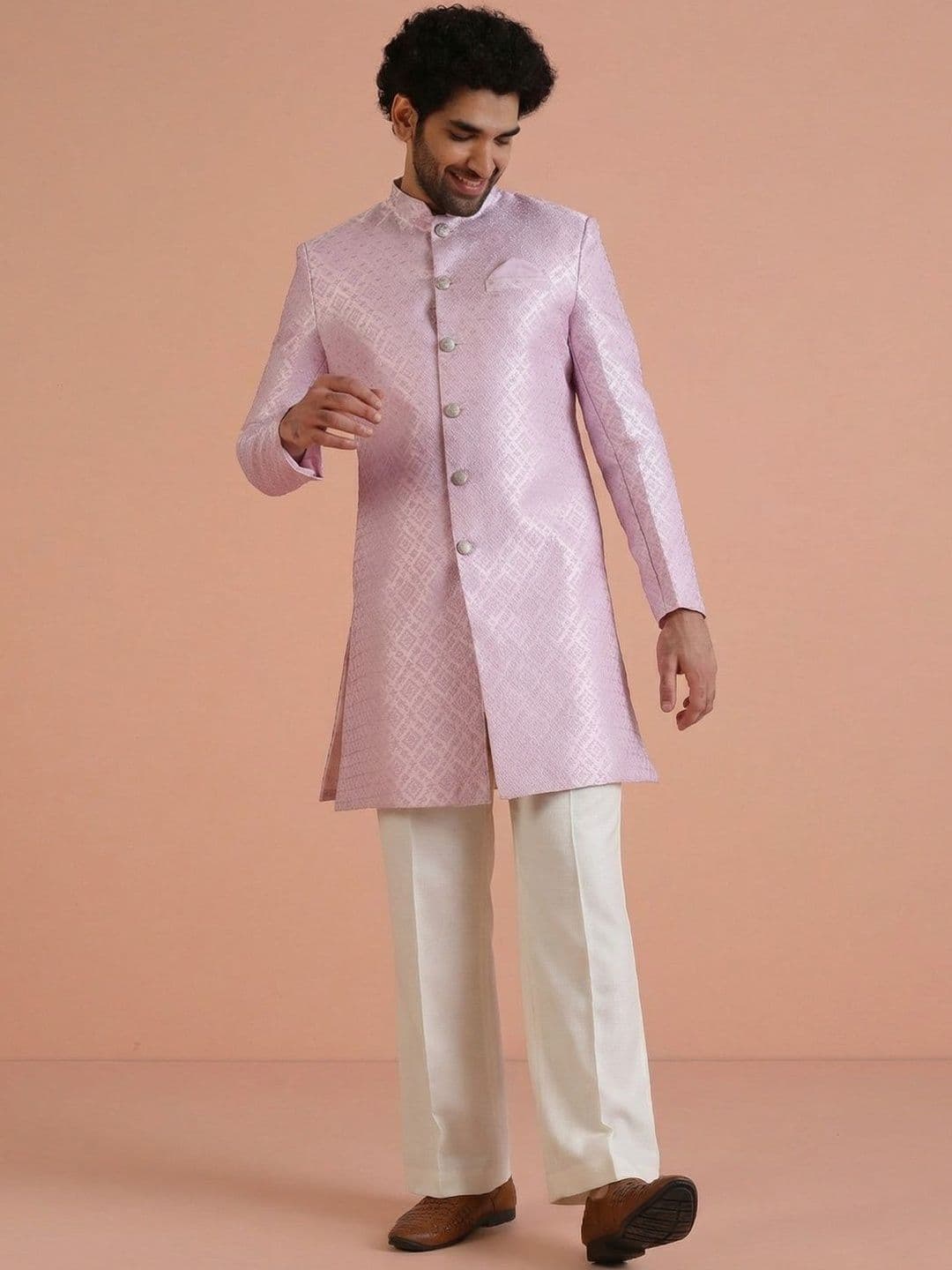KISAH Lilac Floral Embroidered Mandarin Collar Jacquard Sherwani With Wide Leg Trouser - view 1