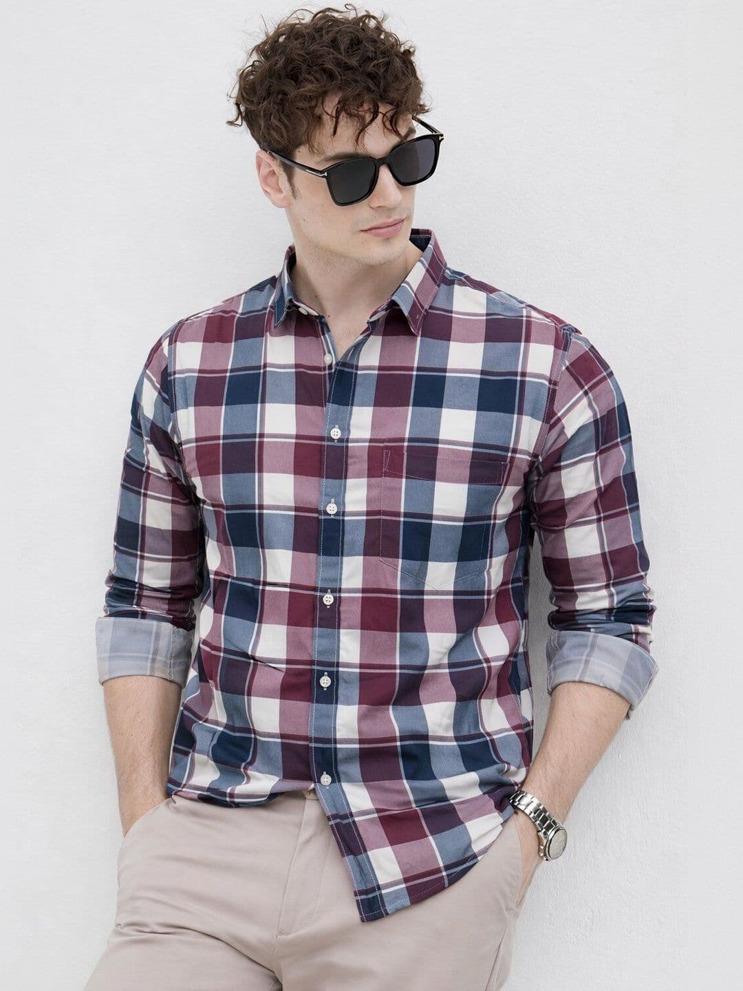 The Roadster Lifestyle Co Checked Pure Cotton Spread Collar Shirt - view 1