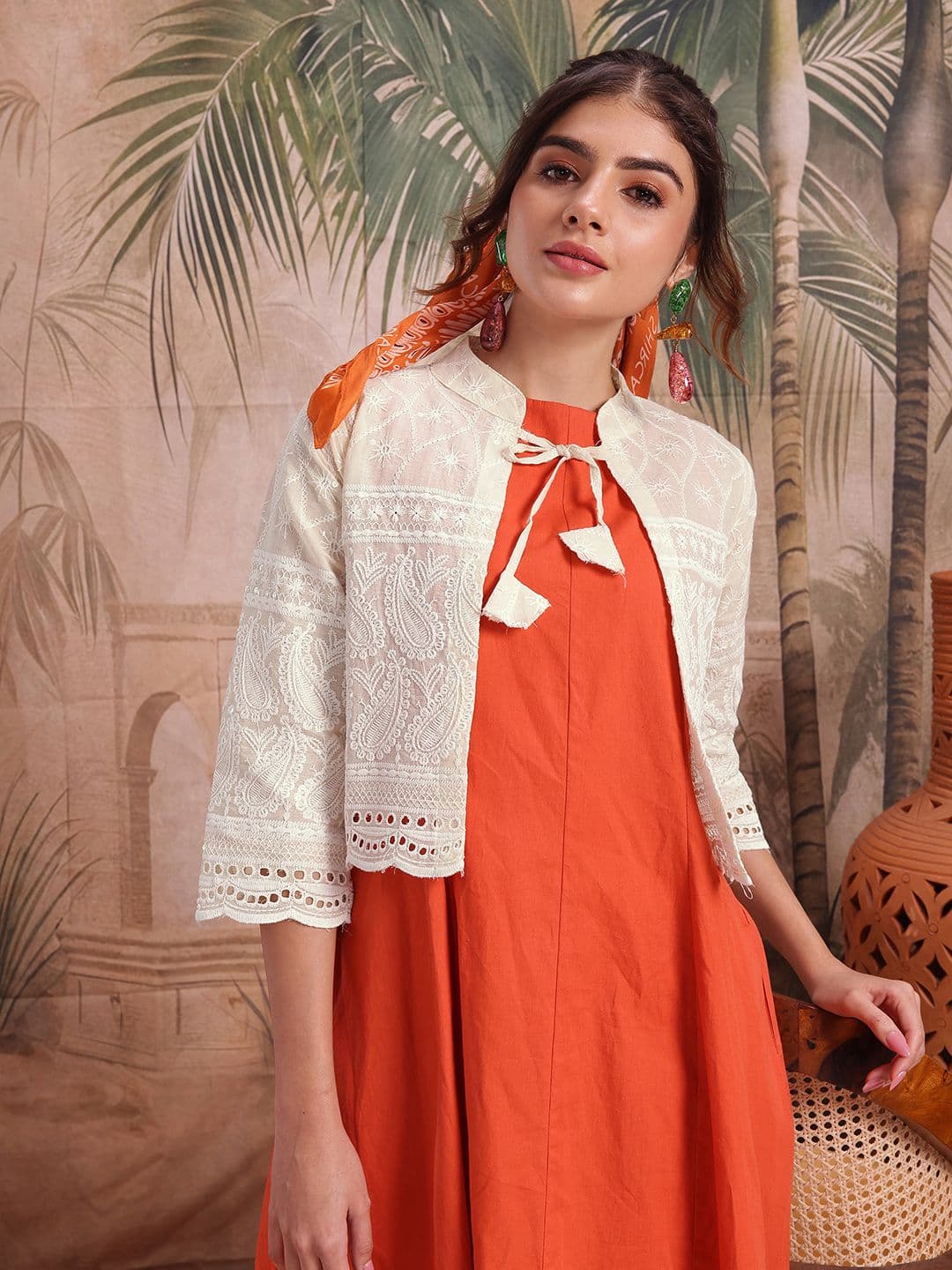 Sangria Ethnic Embroidered Mandarin Collar Sequinned Detail Tie-Up Shrug - view 1