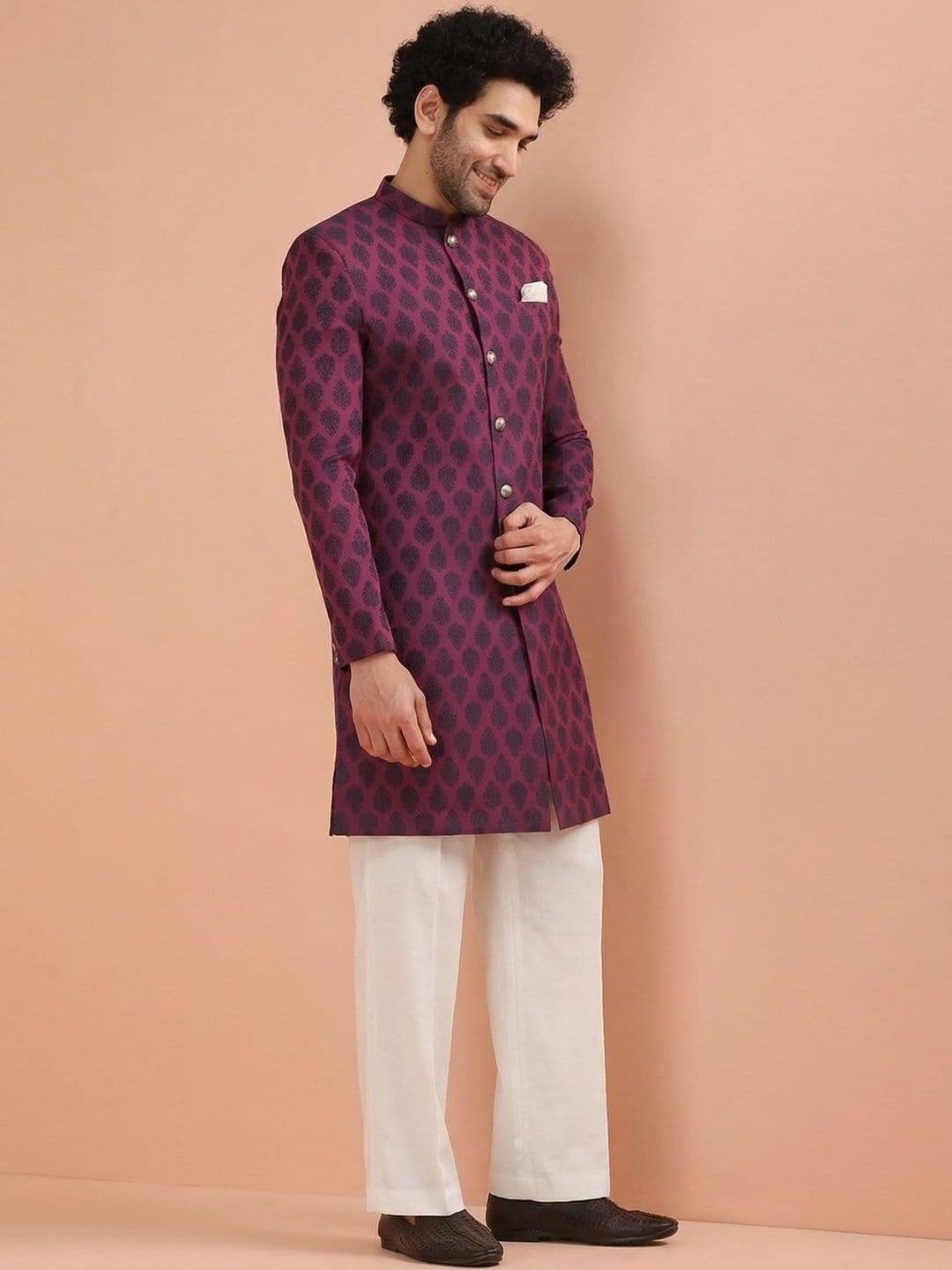 KISAH Textured-Patterned Sherwani With Wide Leg Trouser Set - view 1